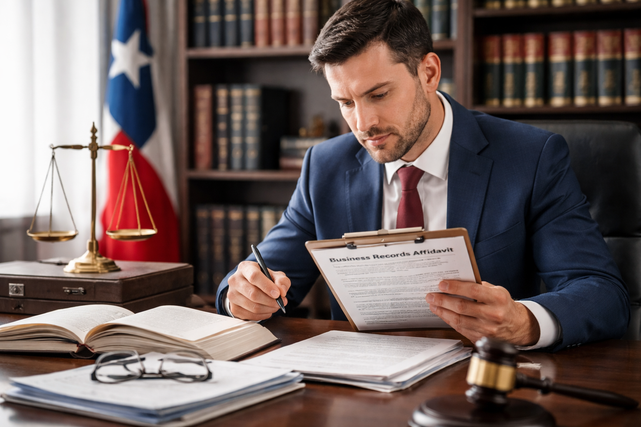 Texas attorney reviewing business records and affidavits in a law office while preparing evidence under Rule 902(10 for a civil court trial