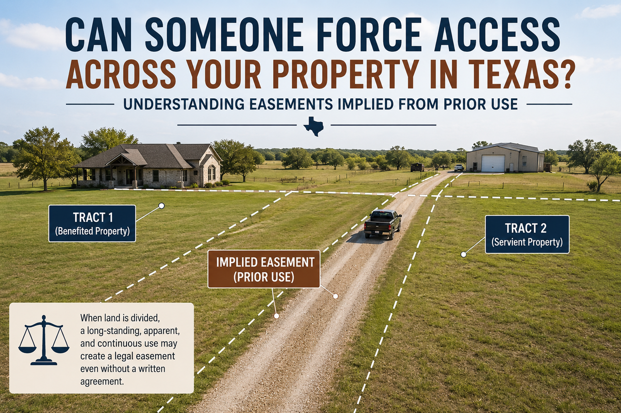 Informational graphic illustrating an implied easement from prior use under Texas law. A rural Texas property is divided into two tracts connected by a shared gravel driveway, with labels identifying the benefited property, servient property, and implied easement. The image explains that a long-standing, apparent, and continuous use of land may create a legal easement even without a written agreement, highlighting Texas real estate and property rights concepts.