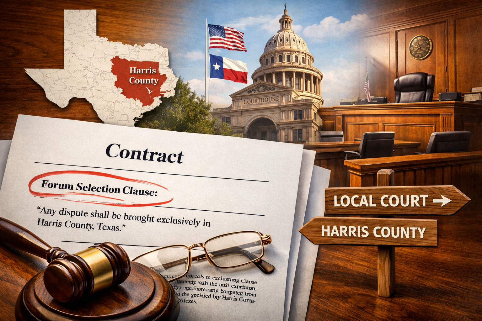 Illustration representing a Texas legal contract with highlighted forum selection language determining where lawsuits must be filed.