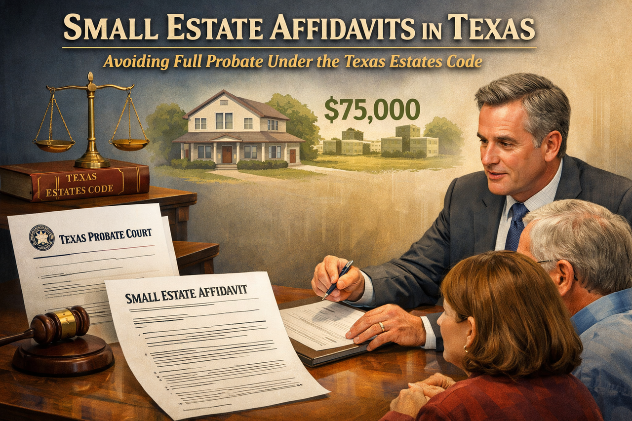 Illustration of a Texas probate court document and family reviewing a small estate affidavit with a lawyer in an office, representing the process of avoiding full probate under Texas Estates Code
