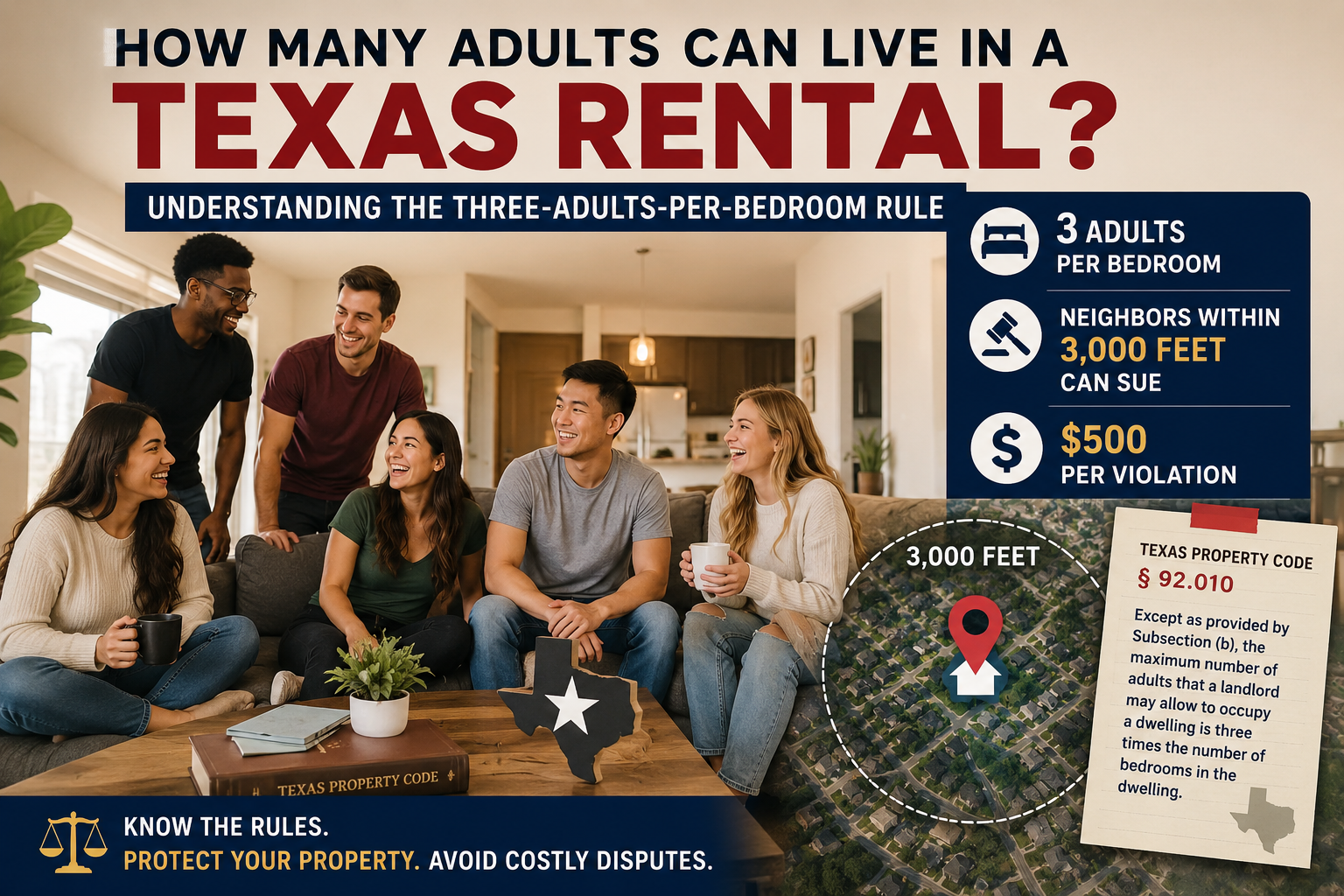 Infographic explaining Texas rental occupancy limits under Texas Property Code § 92.010, including the three-adults-per-bedroom rule, enforcement by nearby residents, and potential $500-per-violation penalties.