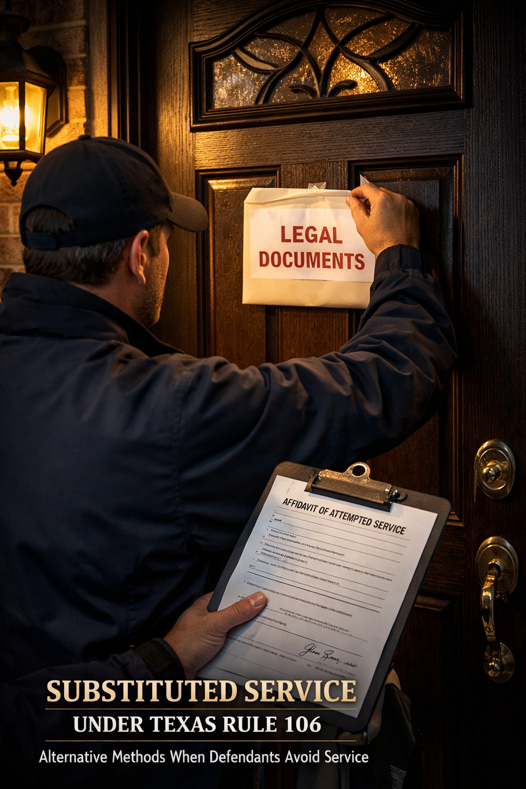 A process server leaving legal documents at a residential front door at dusk, symbolizing substituted service under Texas law when defendants avoid traditional service.