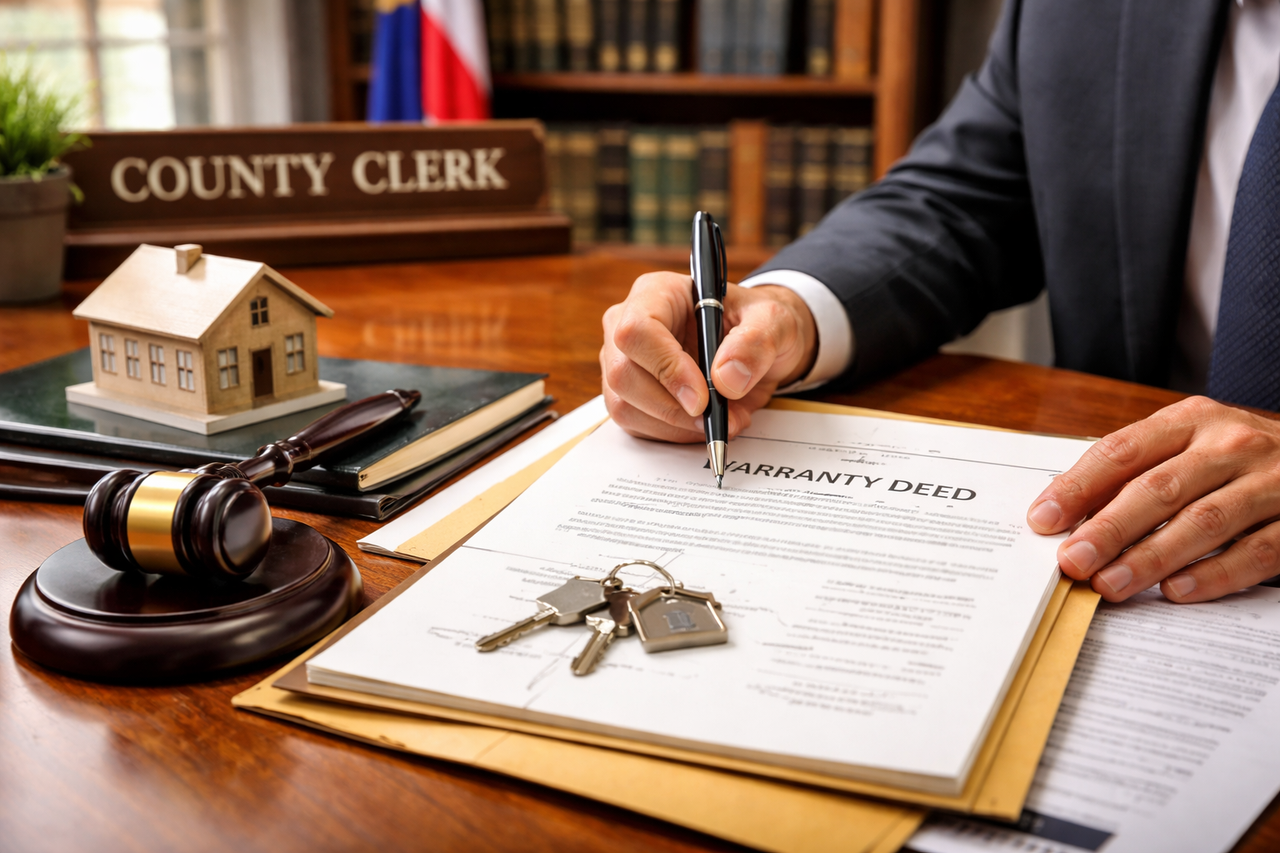 Attorney reviewing recorded deed and property documents at a Texas county clerk office, illustrating how the Texas Recording Act protects real estate ownership and prevents title disputes.