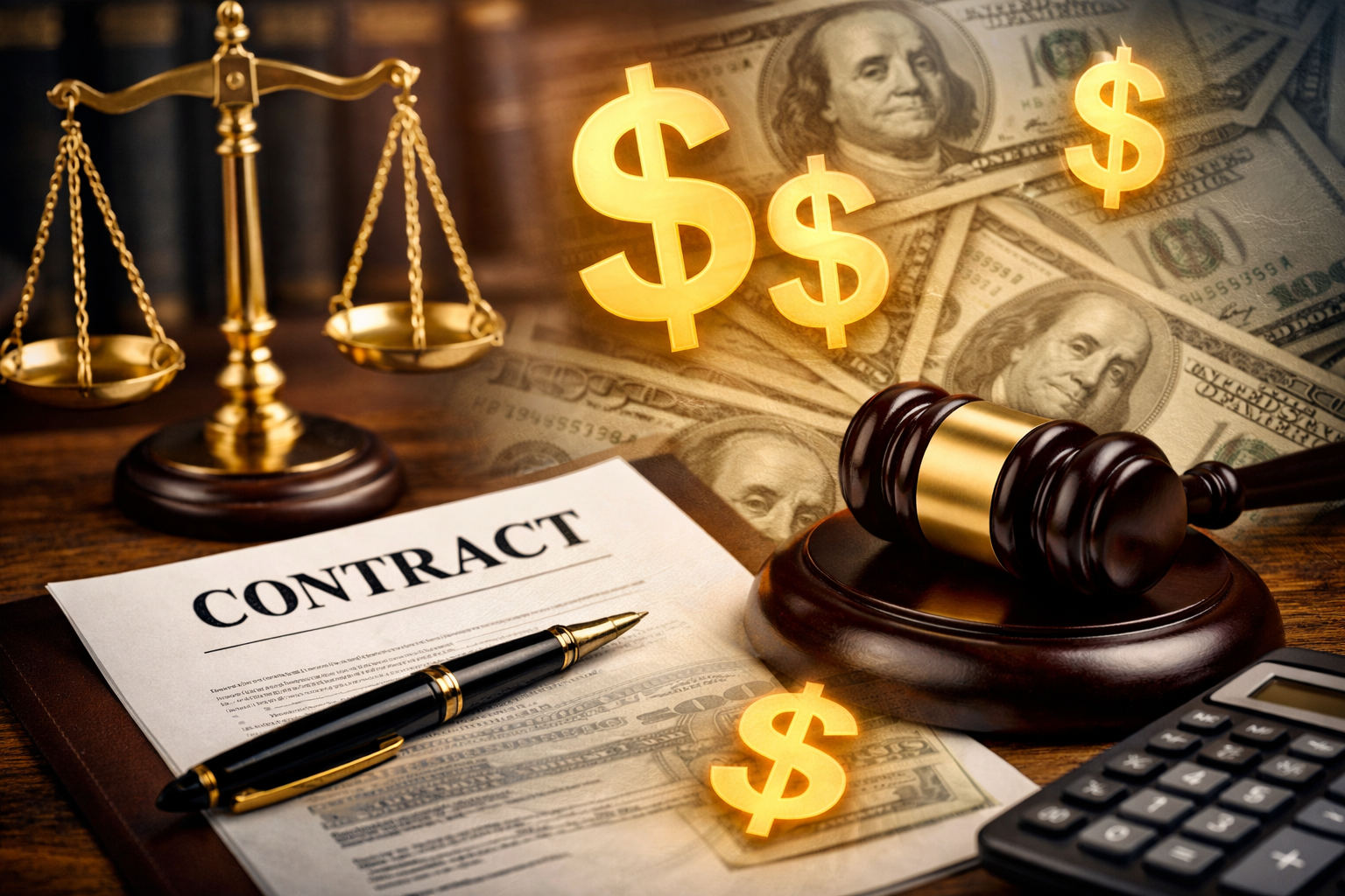 Scales of justice beside a gavel and contract document, with U.S. dollar bills and glowing dollar symbols in the background, representing attorneys’ fees and financial consequences in Texas contract litigation.