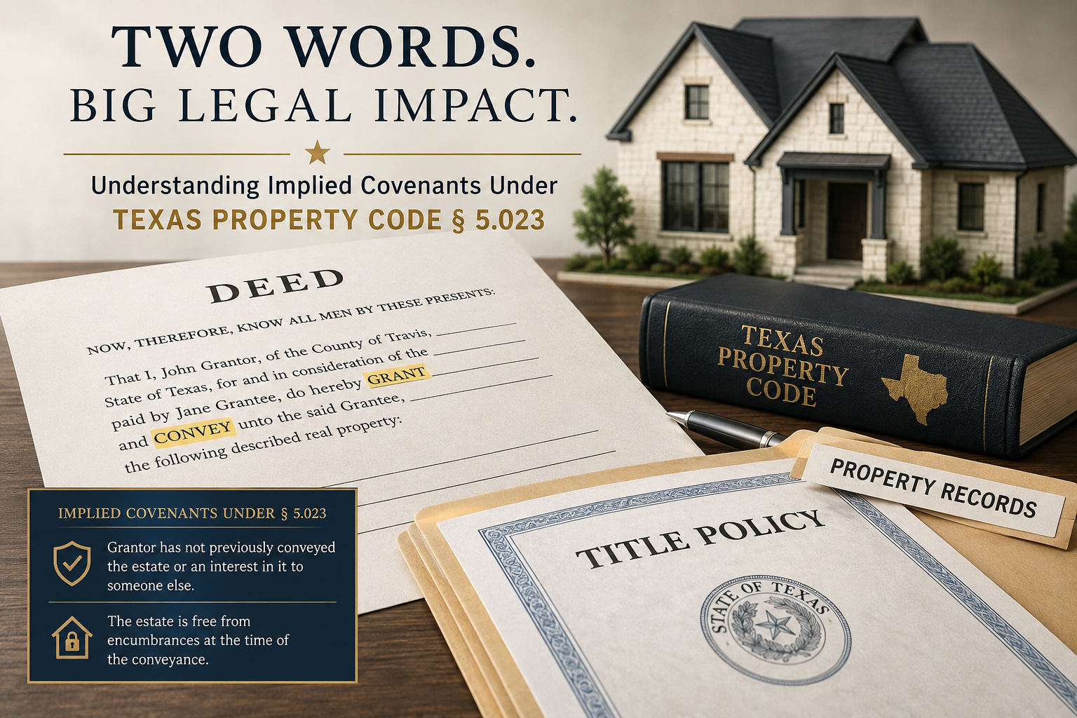 Texas real estate deed highlighting the words “grant” and “convey” beside a Texas Property Code book, title policy, property records, and a house, illustrating implied covenants under Texas Property Code § 5.023.