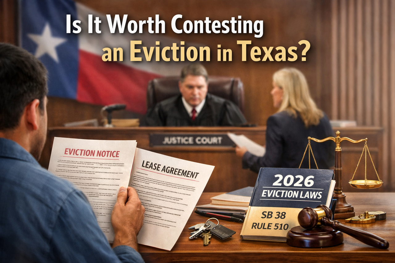 <em>Texas justice court eviction hearing illustrating whether contesting an eviction is worth it under updated 2026 Texas eviction laws</em>