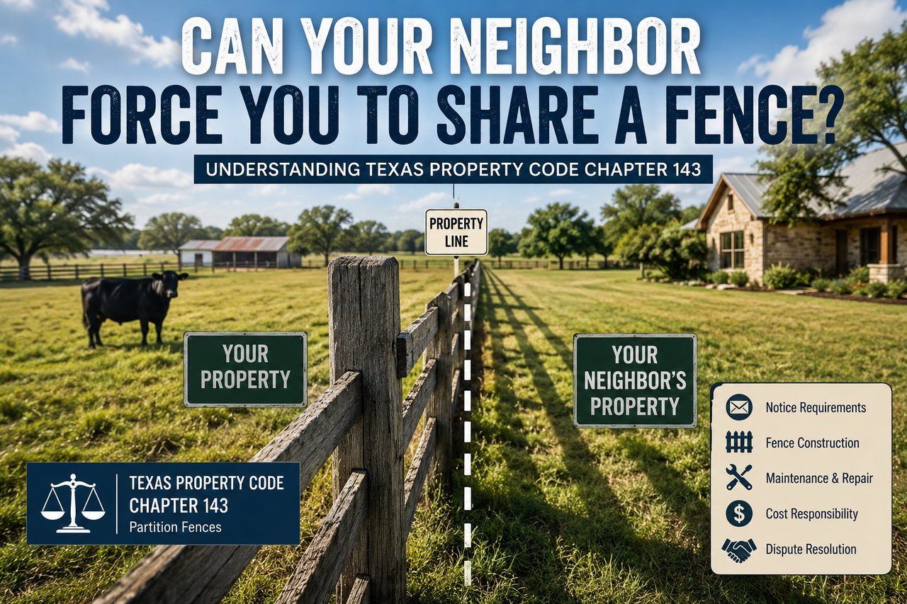 Rural Texas property divided by a wooden boundary fence between neighboring landowners, illustrating a legal dispute over shared fence responsibilities under Texas Property Code Chapter 143, with ranch land, homes, and informational graphics about partition fences, property lines, maintenance, and landowner rights.