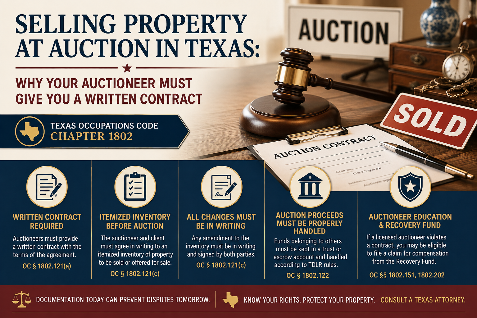 Texas auction law infographic explaining written contract and itemized inventory requirements under Texas Occupations Code Chapter 1802, proper handling of auction proceeds, and the Texas Auctioneer Education and Recovery Fund.