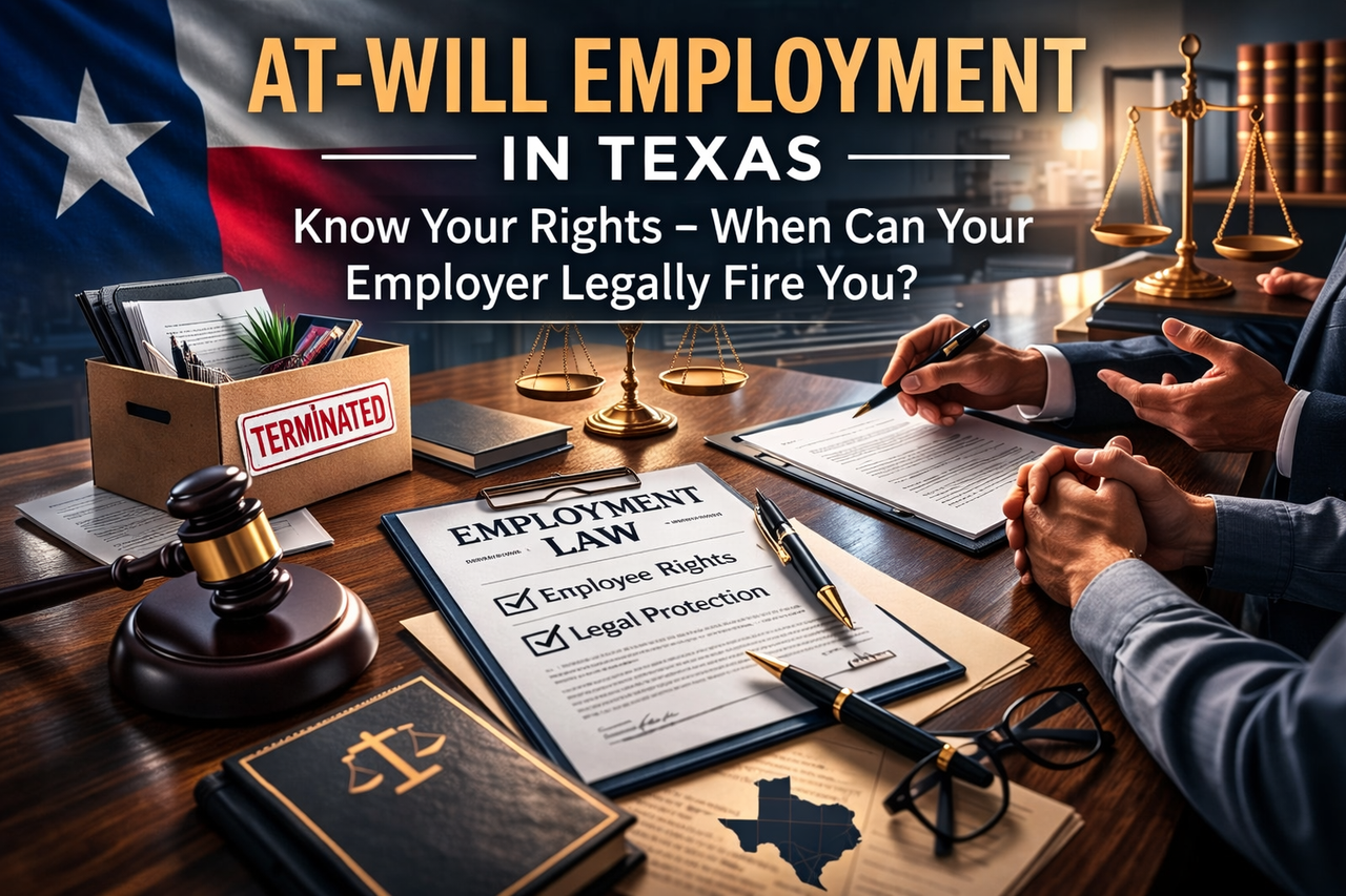 Attorney explaining Texas at-will employment laws and wrongful termination rights in a professional office setting