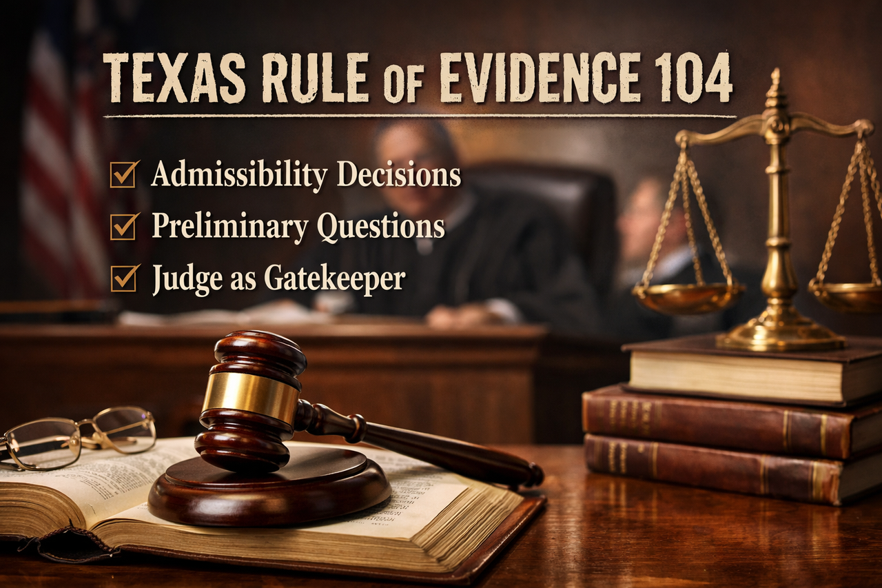 Judge’s gavel resting on an open law book with scales of justice in the background, illustrating Texas Rule of Evidence 104 and the court’s role in deciding admissibility and preliminary legal questions.