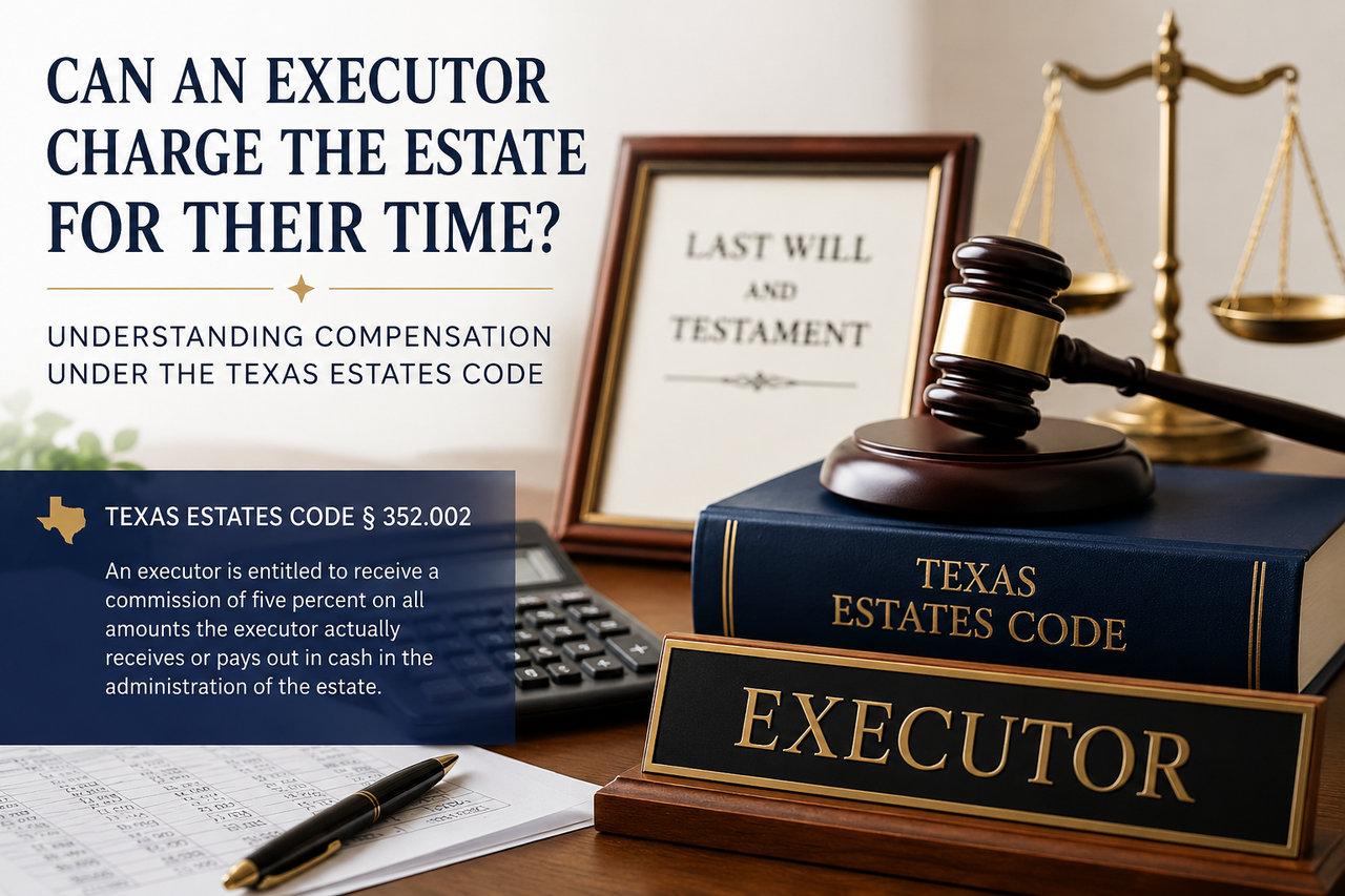 Professional legal office featuring a wooden desk with a judge's gavel resting on a Texas Estates Code volume, a nameplate labeled 'Executor,' scales of justice, a framed Last Will and Testament, and financial documents with a calculator. The image illustrates executor compensation under Texas Estates Code § 352.002 and the legal administration of probate estates in Texas.