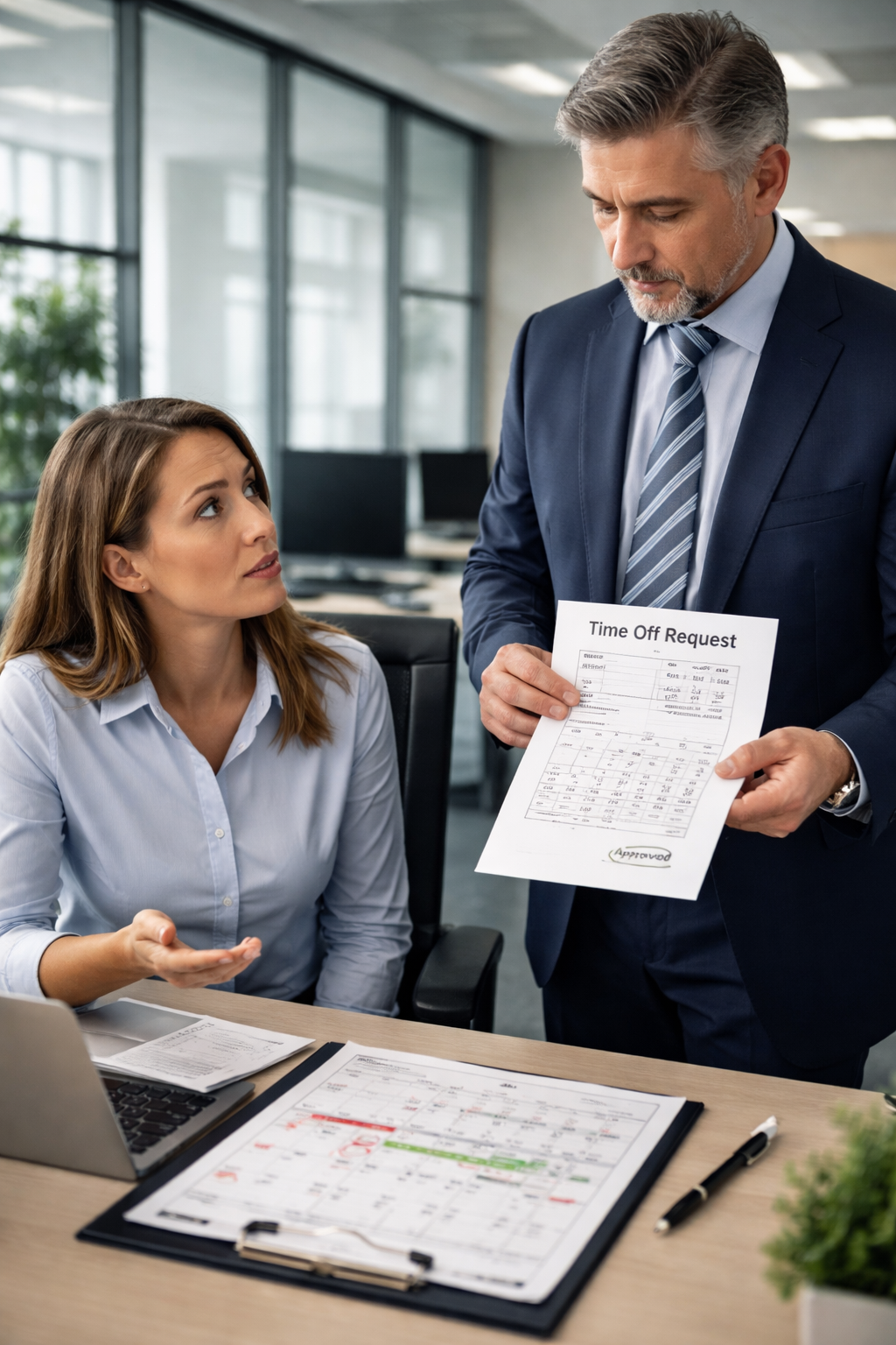Professional office worker reviewing a calendar and time-off request form while speaking with a supervisor in a modern Texas workplace, illustrating employer discretion over vacation and medical leave under Texas employment law.