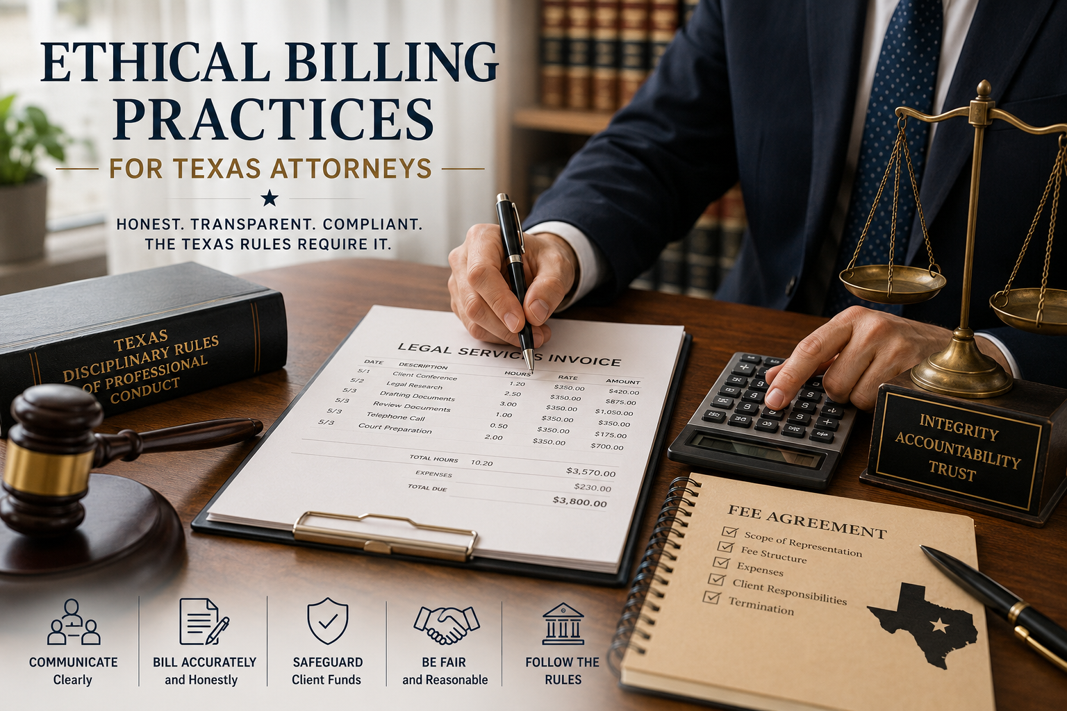 Texas attorney reviewing a legal services invoice and calculating fees beside the Texas Disciplinary Rules of Professional Conduct, illustrating ethical billing, accurate timekeeping, fair fees, and protection of client funds.