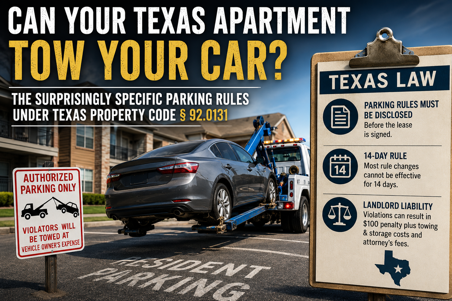 Texas apartment parking lot with a tow truck removing a resident’s car, illustrating Texas Property Code § 92.0131 rules on apartment towing, parking-rule disclosure, the 14-day notice requirement, and landlord liability for improper towing.