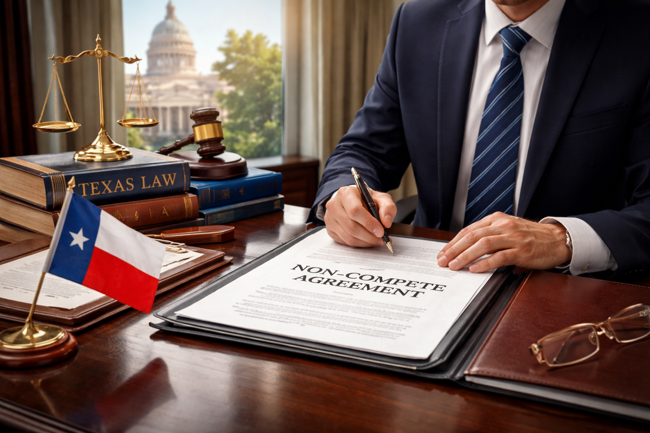 Professional Texas employment lawyer reviewing a non-compete agreement and employment contract at a desk with legal documents, Texas law books, and a courthouse in the background, representing employee and employer rights under Texas non-compete law