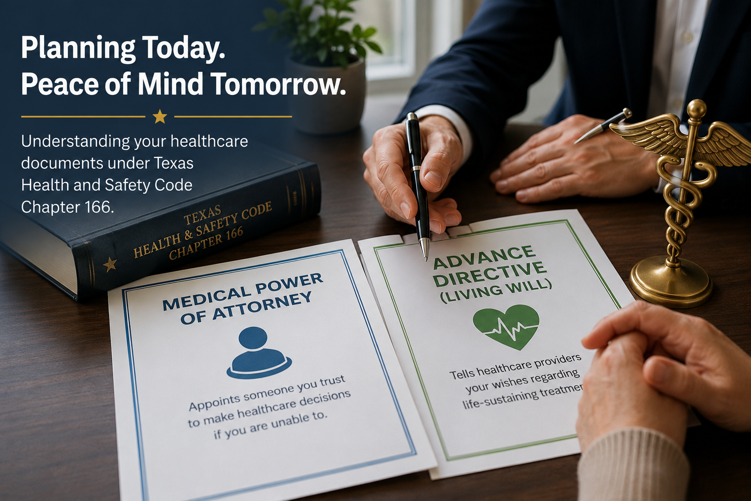 Attorney explaining the difference between a Texas Medical Power of Attorney and an Advance Directive during an estate planning consultation. Medical documents, the Texas Health and Safety Code Chapter 166, and healthcare planning materials are displayed on a desk, illustrating advance healthcare directives under Texas law.