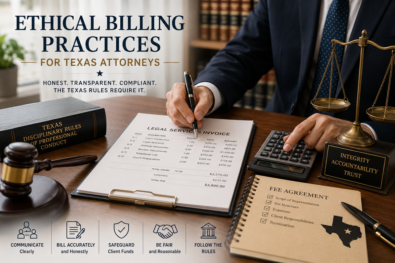 Texas attorney reviewing a legal services invoice and calculating fees beside the Texas Disciplinary Rules of Professional Conduct, illustrating ethical billing, accurate timekeeping, fair fees, and protection of client funds.