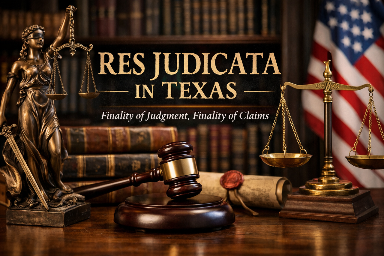 Bronze Lady Justice statue holding scales and sword beside a wooden judge’s gavel, law books, and balanced scales in front of an American flag, with the title “Res Judicata in Texas – Finality of Judgment, Finality of Claims” displayed prominently.