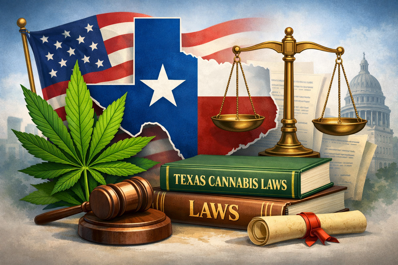 Texas cannabis law concept image showing a hemp leaf, Texas state outline, and legal scales representing evolving marijuana and hemp regulations.