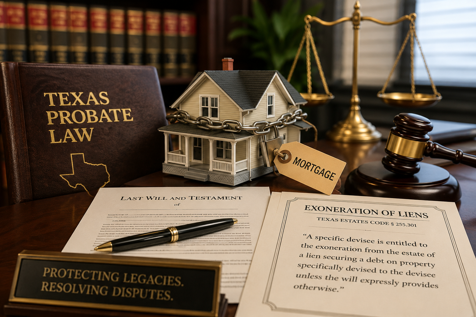 Texas probate law illustration showing a mortgaged inherited home, estate planning documents, and legal symbols explaining exoneration of liens under Texas probate law.