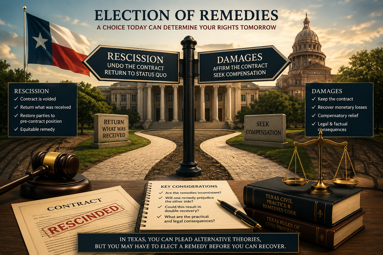 A professional legal illustration depicting the Texas doctrine of election of remedies. A forked pathway leads to two opposing legal options labeled 'Rescission' and 'Damages' in front of a courthouse and Texas state capitol-style building. The scene includes scales of justice, a judge's gavel, legal texts, and contract documents, symbolizing the strategic choice litigants must make between undoing a contract and seeking monetary compensation under Texas law.