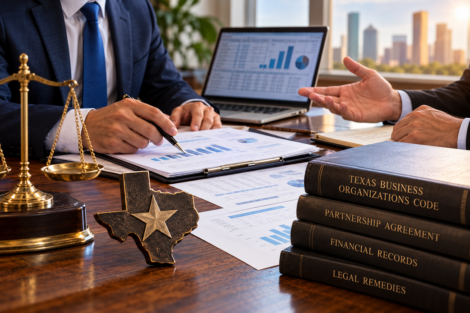 Texas business partners reviewing financial records and partnership agreements during a legal consultation, illustrating partnership rights, financial transparency, management authority, and legal remedies under the Texas Business Organizations Code.
