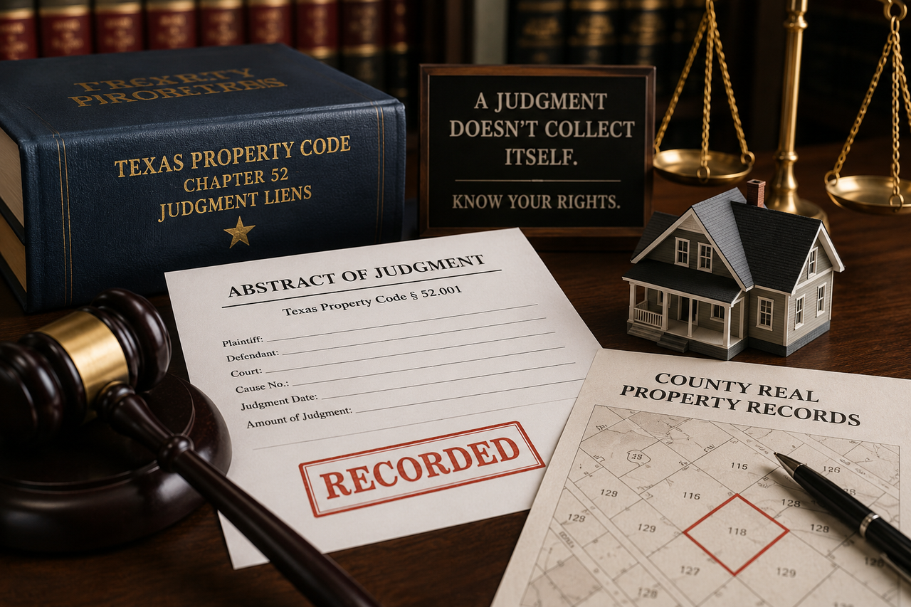 Attorney desk displaying an abstract of judgment, county real property records, a gavel, scales of justice, and a model home, illustrating how judgment liens attach to non-exempt real estate under Texas Property Code Chapter 52.s in texas - how a money judgment becomes a lien on property.png