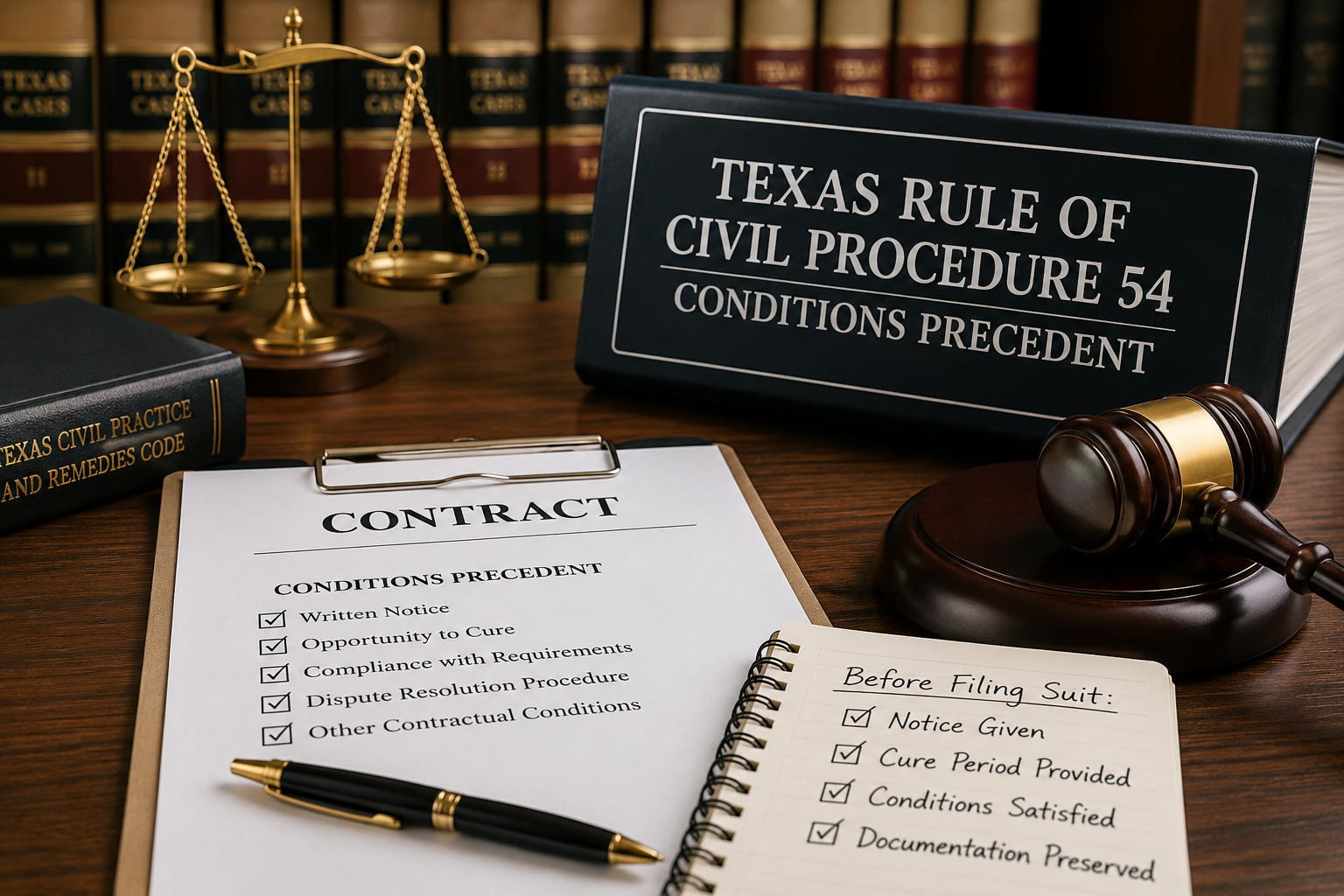 Professional legal office scene illustrating Texas Rule of Civil Procedure 54. A polished wooden desk displays a contract checklist, legal binder labeled 'Texas Rule of Civil Procedure 54 – Conditions Precedent,' a judge's gavel, brass scales of justice, and a notebook listing pre-lawsuit requirements such as notice, opportunity to cure, and documentation. Law books line the background, emphasizing Texas civil litigation, contract disputes, and procedural compliance before filing suit.
