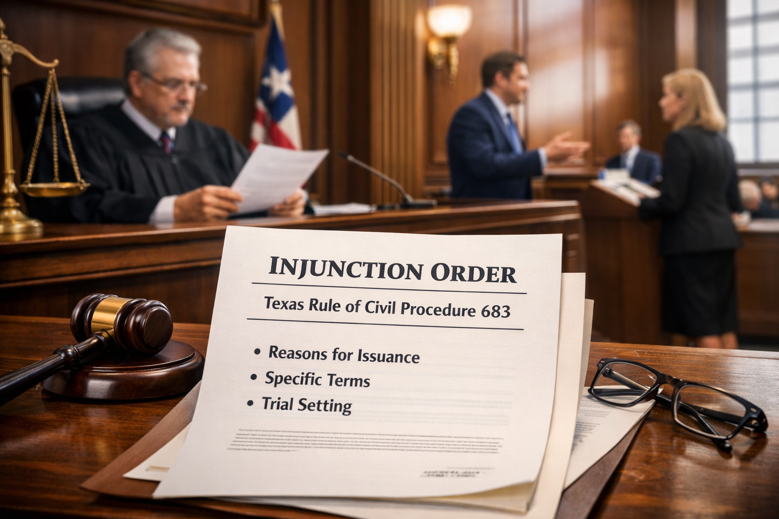 Texas courtroom scene with a judge reviewing legal documents related to an injunction order while attorneys argue a temporary injunction case under Texas Rule of Civil Procedure 683.