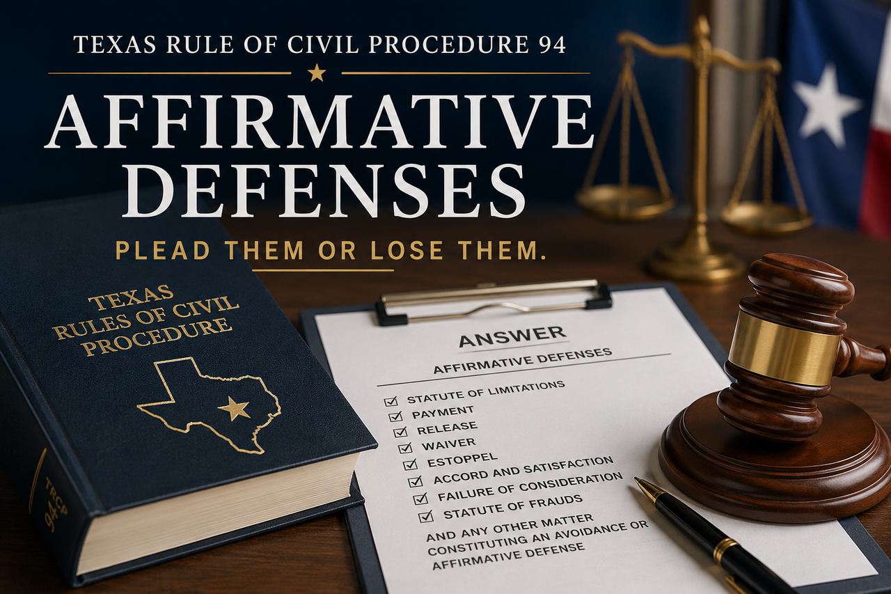 A professional legal-themed illustration representing Texas Rule of Civil Procedure 94 and affirmative defenses. A Texas Rules of Civil Procedure book sits beside a clipboard labeled "Answer – Affirmative Defenses," listing examples such as statute of limitations, payment, release, waiver, estoppel, accord and satisfaction, failure of consideration, and statute of frauds. A wooden judge's gavel, brass scales of justice, and a softly blurred Texas flag appear in the background.