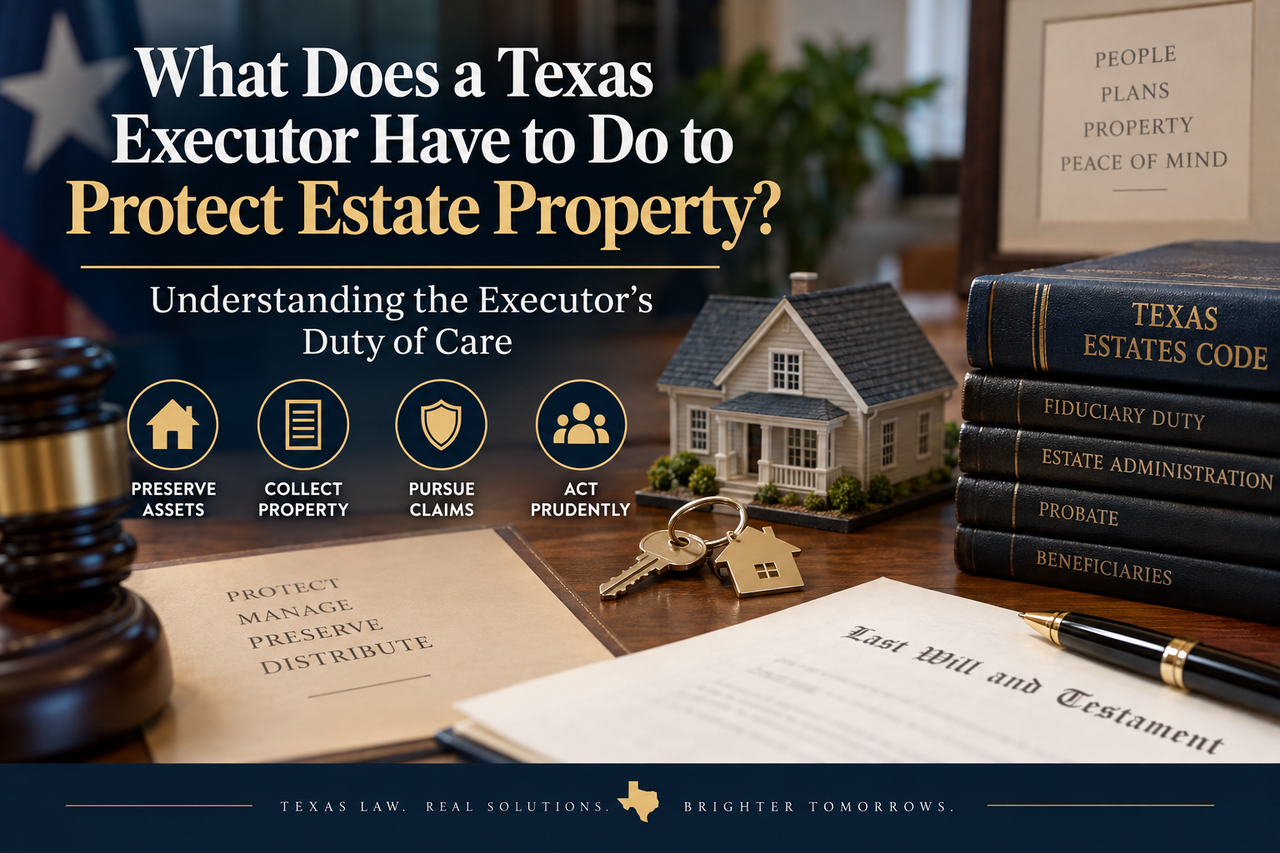 Texas executor duties and estate property protection illustration featuring a home, keys, will, gavel, and Texas Estates Code books.
