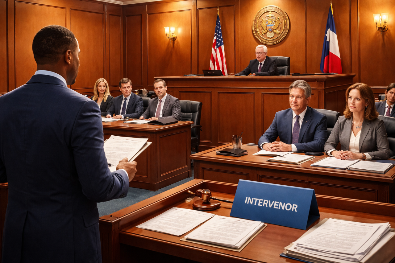 A courtroom scene showing multiple parties at counsel tables, representing the concept of a third-party intervenor joining an ongoing Texas lawsuit.