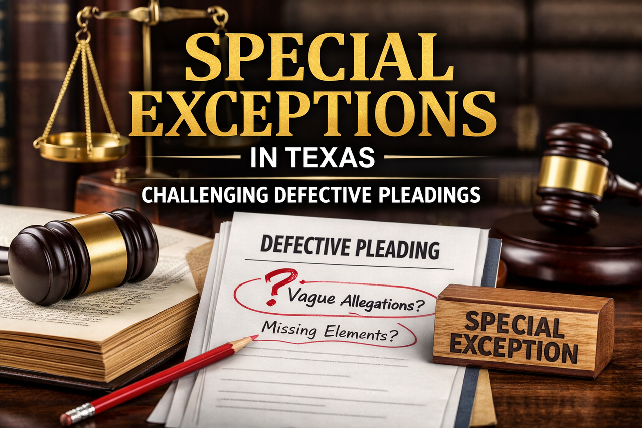 Texas legal concept illustration showing a judge’s gavel, scales of justice, and legal documents labeled ‘Defective Pleading’ with notes highlighting vague allegations and missing elements, representing the use of special exceptions under the Texas Rules of Civil Procedure.