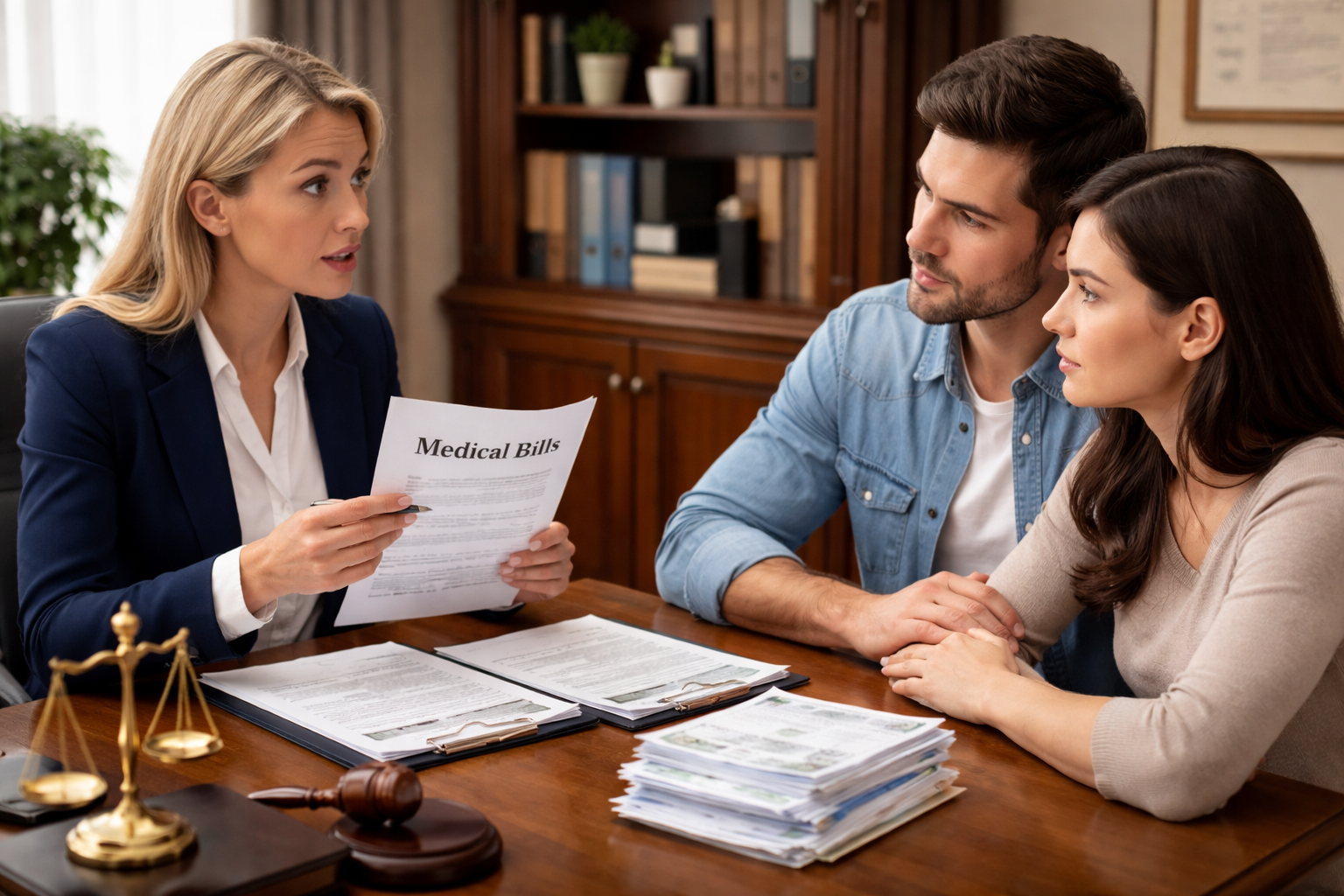 Family law attorney in Texas explaining spousal medical debt and community property rules to a married couple reviewing hospital bills and legal documents at a desk