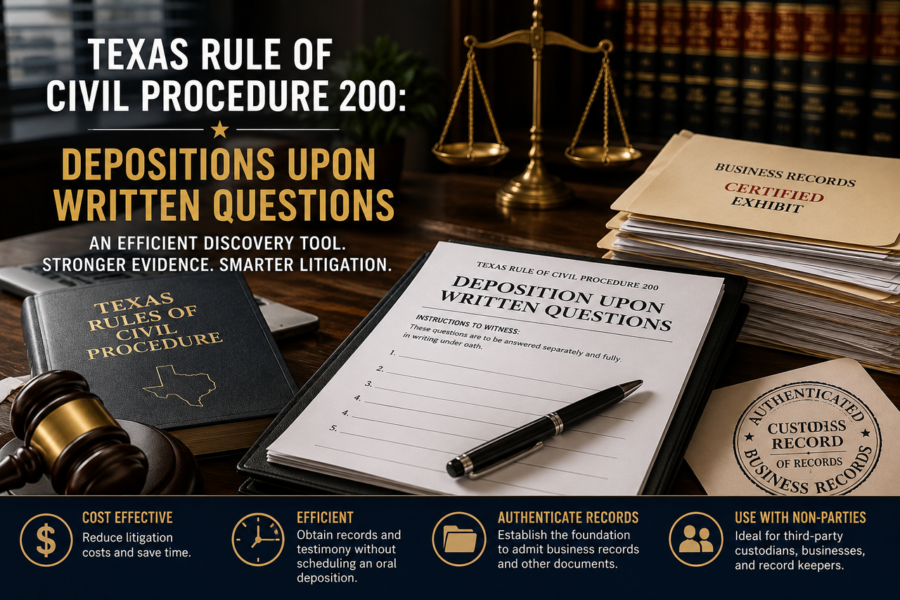 A professional legal illustration depicting Texas Rule of Civil Procedure 200, featuring a conference-room desk with a written deposition questionnaire, certified business records, a judge's gavel, scales of justice, and the Texas Rules of Civil Procedure. The image highlights Depositions Upon Written Questions (DWQs) as a cost-effective and efficient discovery tool for authenticating records and obtaining evidence from third-party custodians in Texas civil litigation.