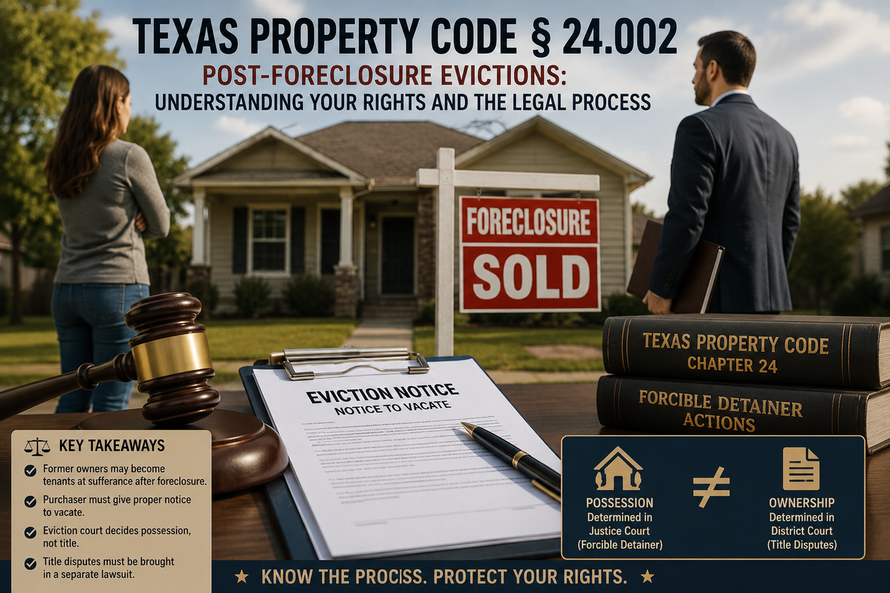 Texas Property Code § 24.002 post-foreclosure eviction illustration showing a foreclosure sale, eviction notice, legal documents, and the distinction between possession and ownership rights in Texas real estate law.