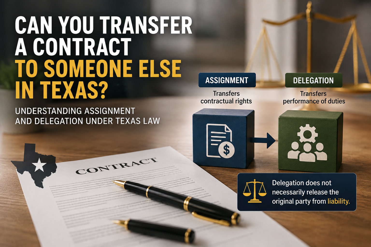 Texas contract law graphic explaining assignment and delegation, showing a contract, Texas silhouette, scales of justice, and diagrams distinguishing the transfer of contractual rights from the transfer of performance duties, with a reminder that delegation does not necessarily release the original party from liability.