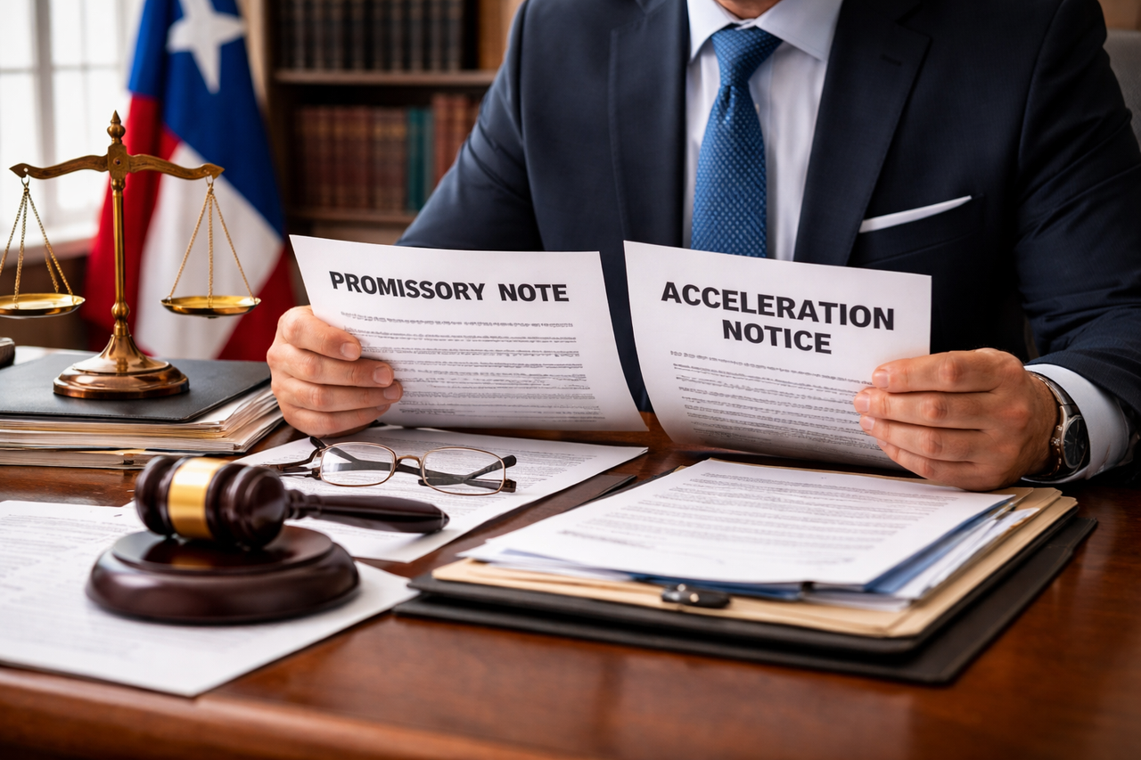 A Texas attorney reviewing a promissory note and foreclosure notice at a desk with legal documents, symbolizing acceleration clauses and debt enforcement under Texas law.