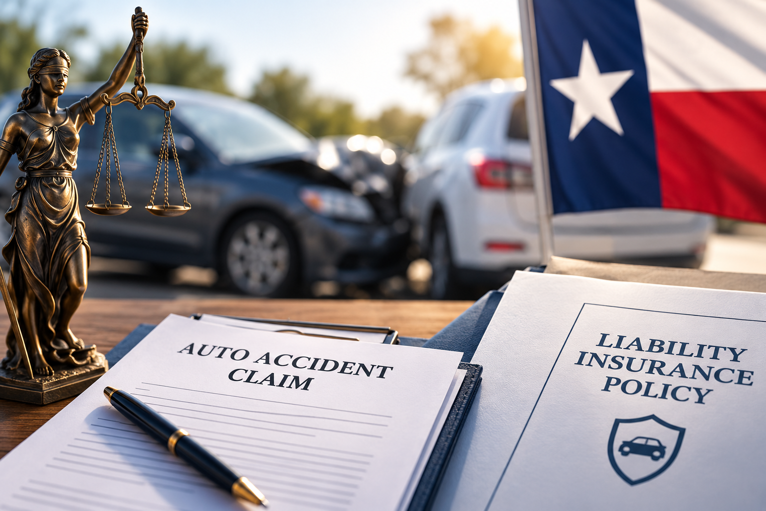 Lady Justice beside an auto accident claim and liability insurance policy, with damaged vehicles and a Texas flag illustrating Texas’s no-direct-action rule.