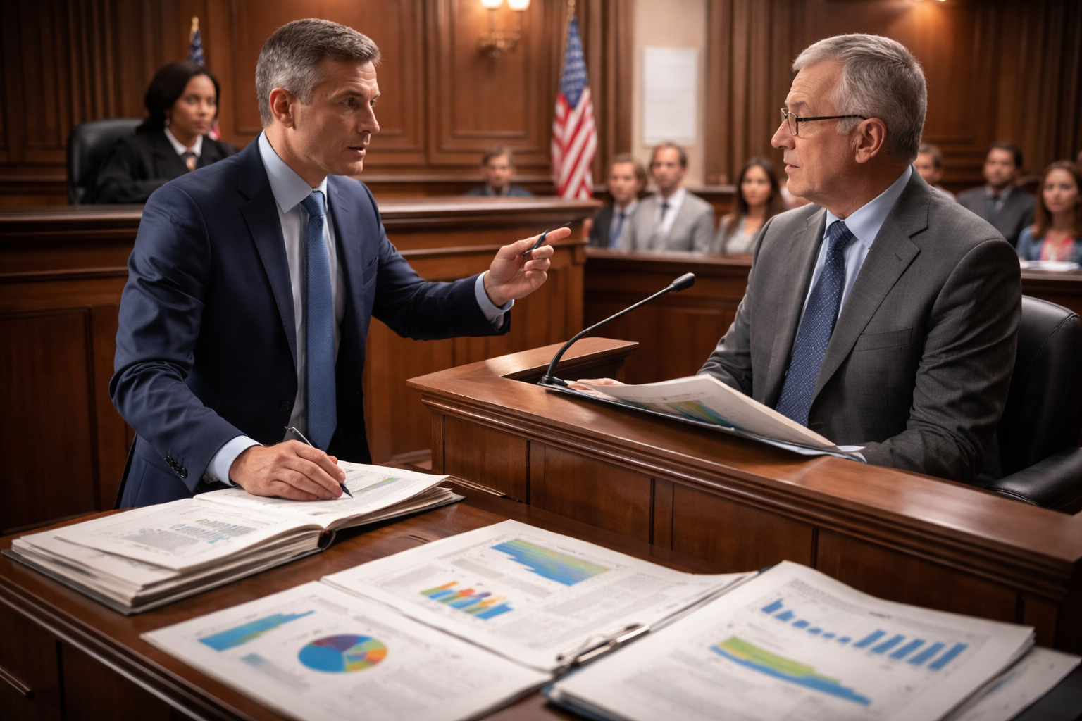 A Texas courtroom scene where an attorney challenges an expert witness, with legal documents and charts illustrating reliability analysis under Rule 702.