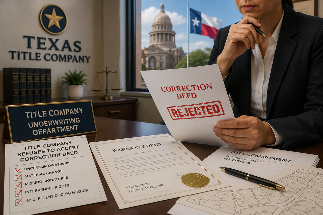 A professional Texas title company underwriter reviews a correction deed marked "Rejected" while examining a title commitment, warranty deed, property survey, and real estate closing documents. A Texas flag and courthouse appear in the background, illustrating the legal issues that can prevent a title company from accepting a correction instrument and issuing title insurance during a Texas real estate transaction.