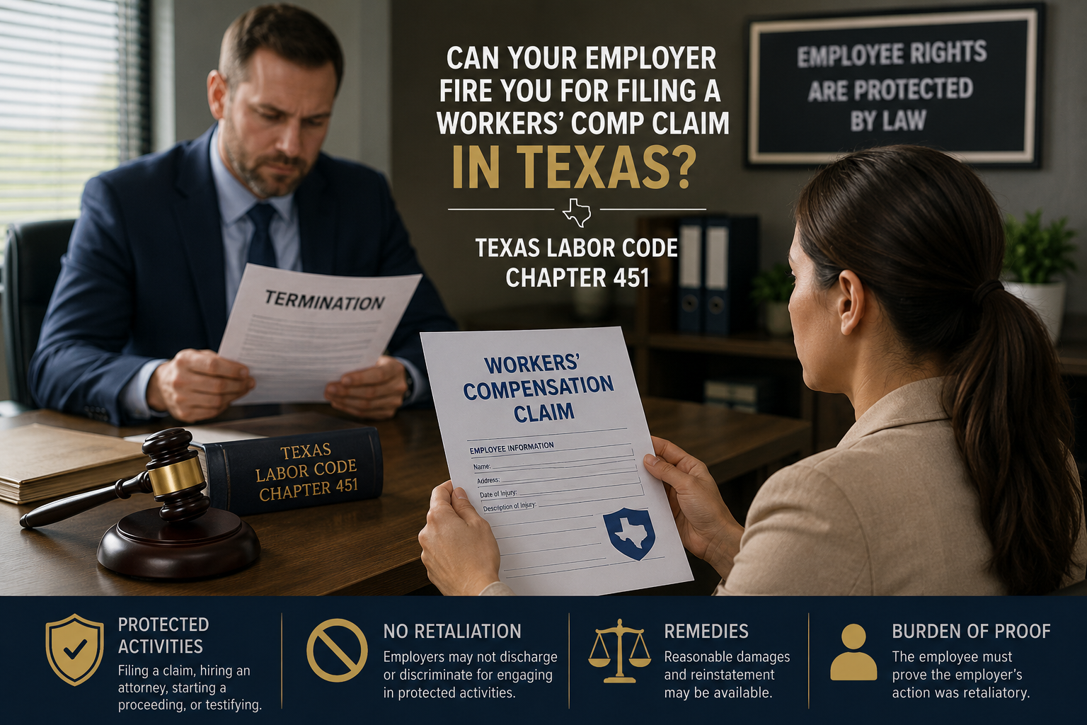 Texas employee holding a workers’ compensation claim while an employer reviews termination paperwork, illustrating protections against workers’ comp retaliation under Texas Labor Code Chapter 451.