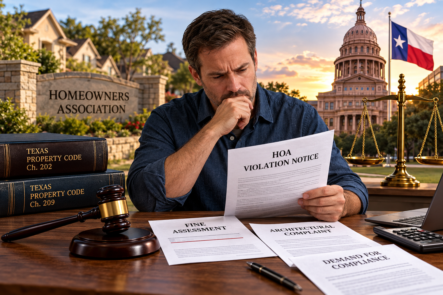 A concerned Texas homeowner reviews an HOA violation notice and fine assessment, surrounded by legal documents, Texas Property Code Chapters 202 and 209, and a judge's gavel. A homeowners association entrance, Texas Capitol, and scales of justice symbolize the legal and financial considerations of suing an HOA in Texas.