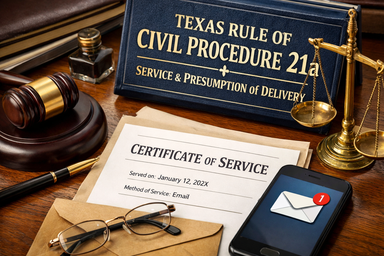 Law office desk scene illustrating Texas Rule of Civil Procedure 21a with a certificate of service document, a law book labeled “Texas Rule of Civil Procedure 21a,” a judge’s gavel, scales of justice, and a smartphone displaying an email icon to represent electronic service of pleadings in Texas civil litigation.