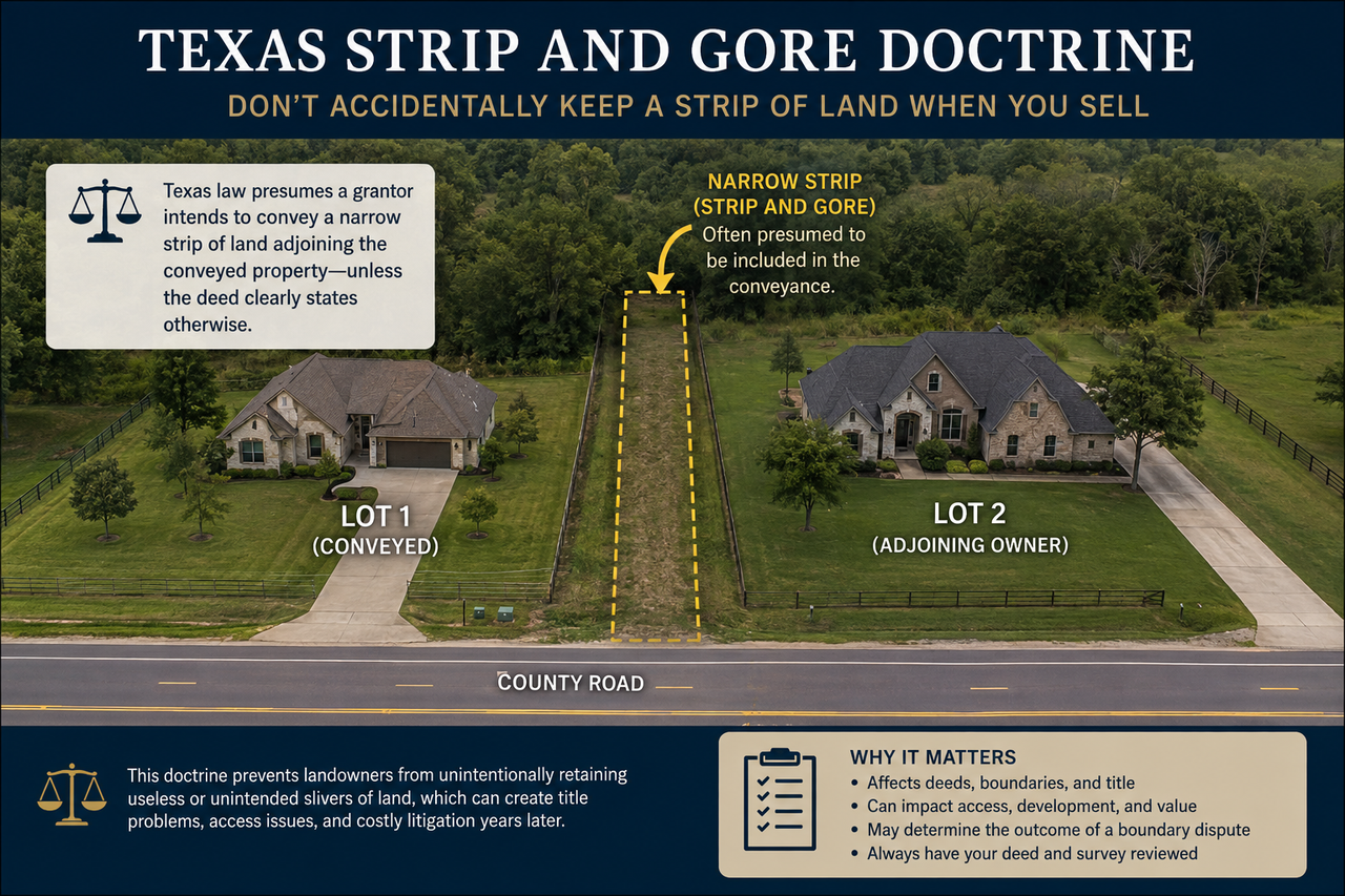 Aerial illustration of two neighboring Texas homes separated by a narrow strip of land, demonstrating the Texas Strip and Gore Doctrine. The infographic explains how Texas law generally presumes that a grantor conveys adjoining narrow strips of land unless the deed expressly reserves them, highlighting the doctrine's impact on property boundaries, title disputes, and real estate transactions.