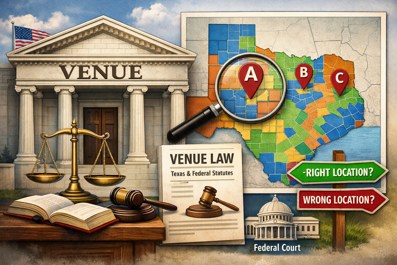 Illustration showing a courthouse map with highlighted districts, symbolizing how legal venue determines the proper location where a lawsuit must be filed under state and federal law.