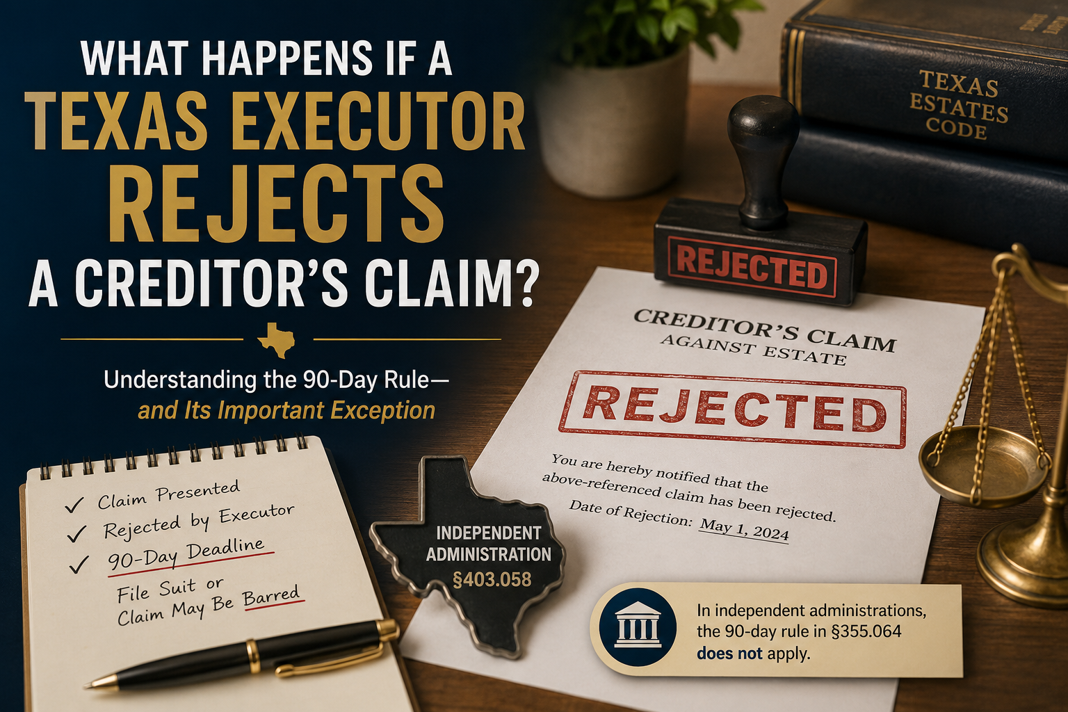 Texas probate law graphic showing a creditor’s claim stamped “REJECTED,” a 90-day deadline checklist, scales of justice, and the independent-administration exception under Texas Estates Code § 403.058.