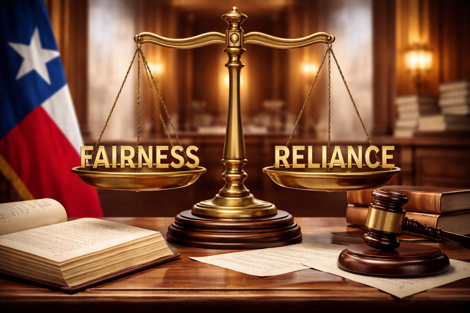 Scales of justice balancing fairness and reliance, representing equitable estoppel in Texas law
