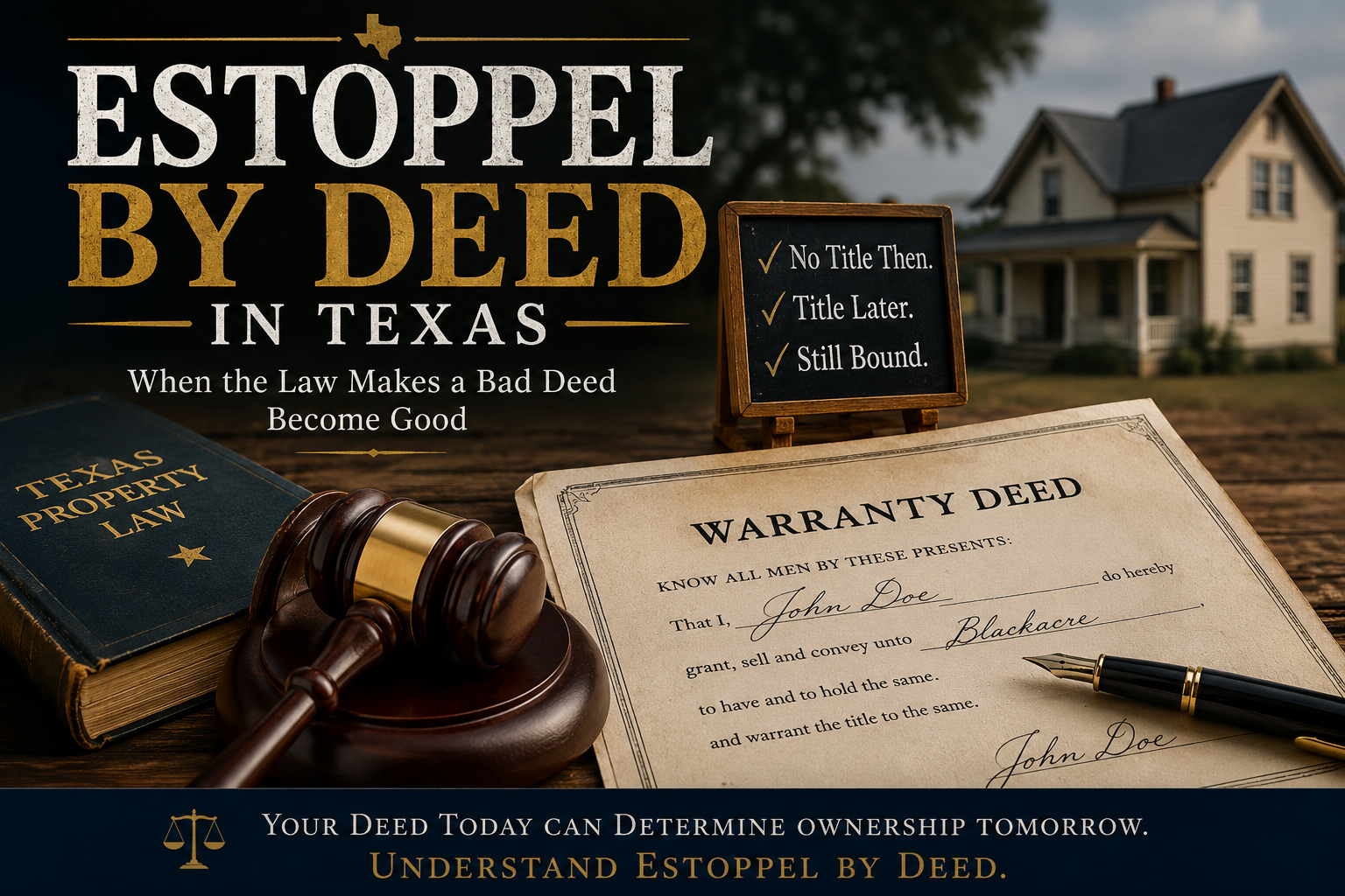 A cinematic legal illustration depicting the Texas doctrine of estoppel by deed. A wooden judge's gavel rests beside a Texas property law book and a signed warranty deed on a rustic table. A small chalkboard reads, "No Title Then. Title Later. Still Bound." A traditional Texas farmhouse appears in the background beneath the title "Estoppel by Deed in Texas: When the Law Makes a Bad Deed Become Good."