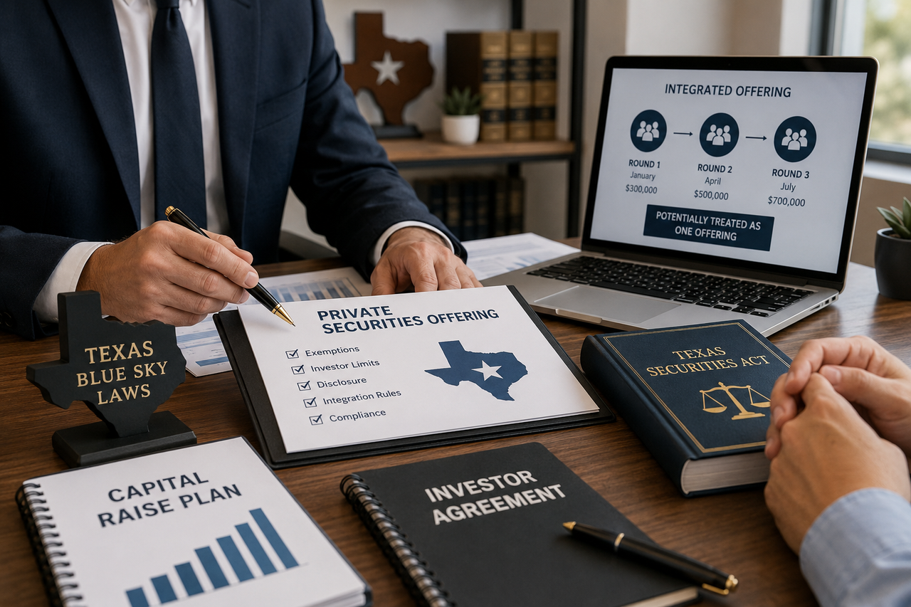 Texas attorney reviewing private securities offering documents and investment agreements with a client, illustrating compliance with Texas Blue Sky laws and integrated securities offering rules.
